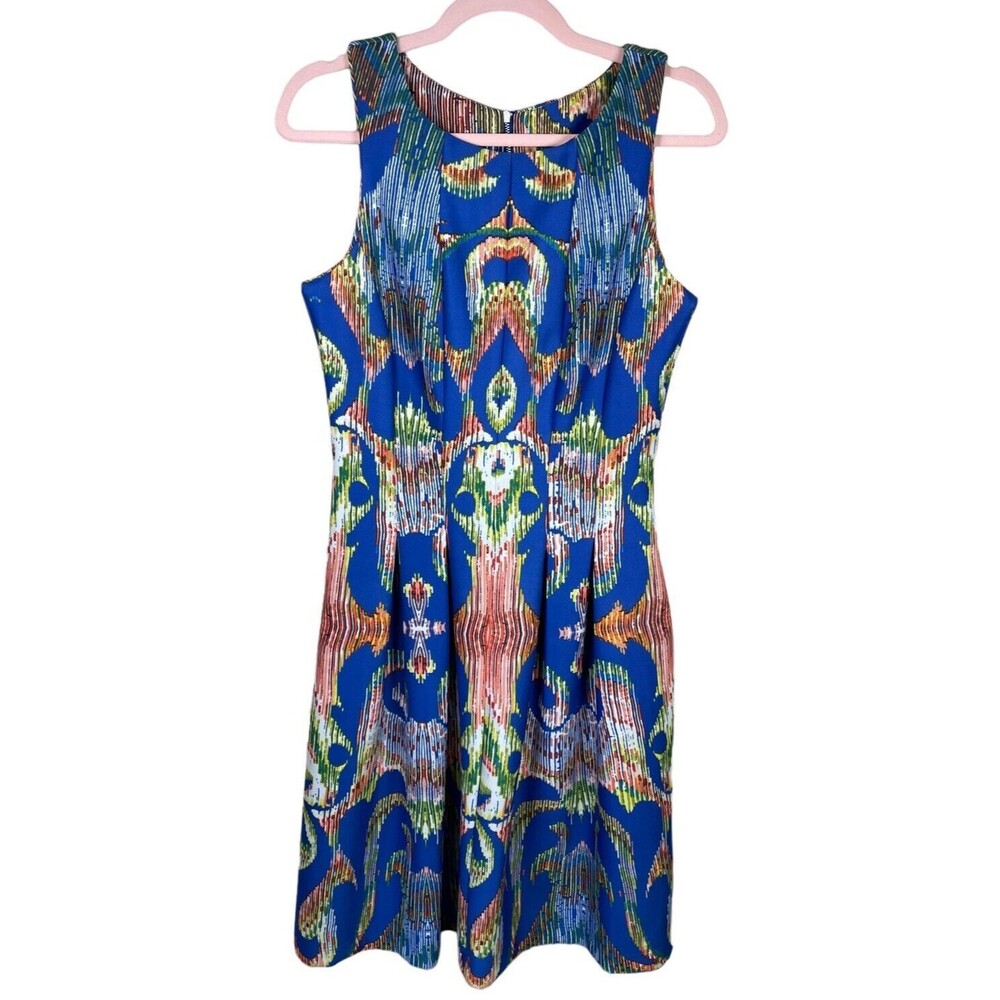 GABBY‎ SKYE Size 8 A-Line Dress Blue Orange Green Sleeveless Stretch Pockets